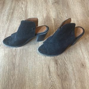 Frye, black, suede, 3.5” heel, peep toe, mule heels